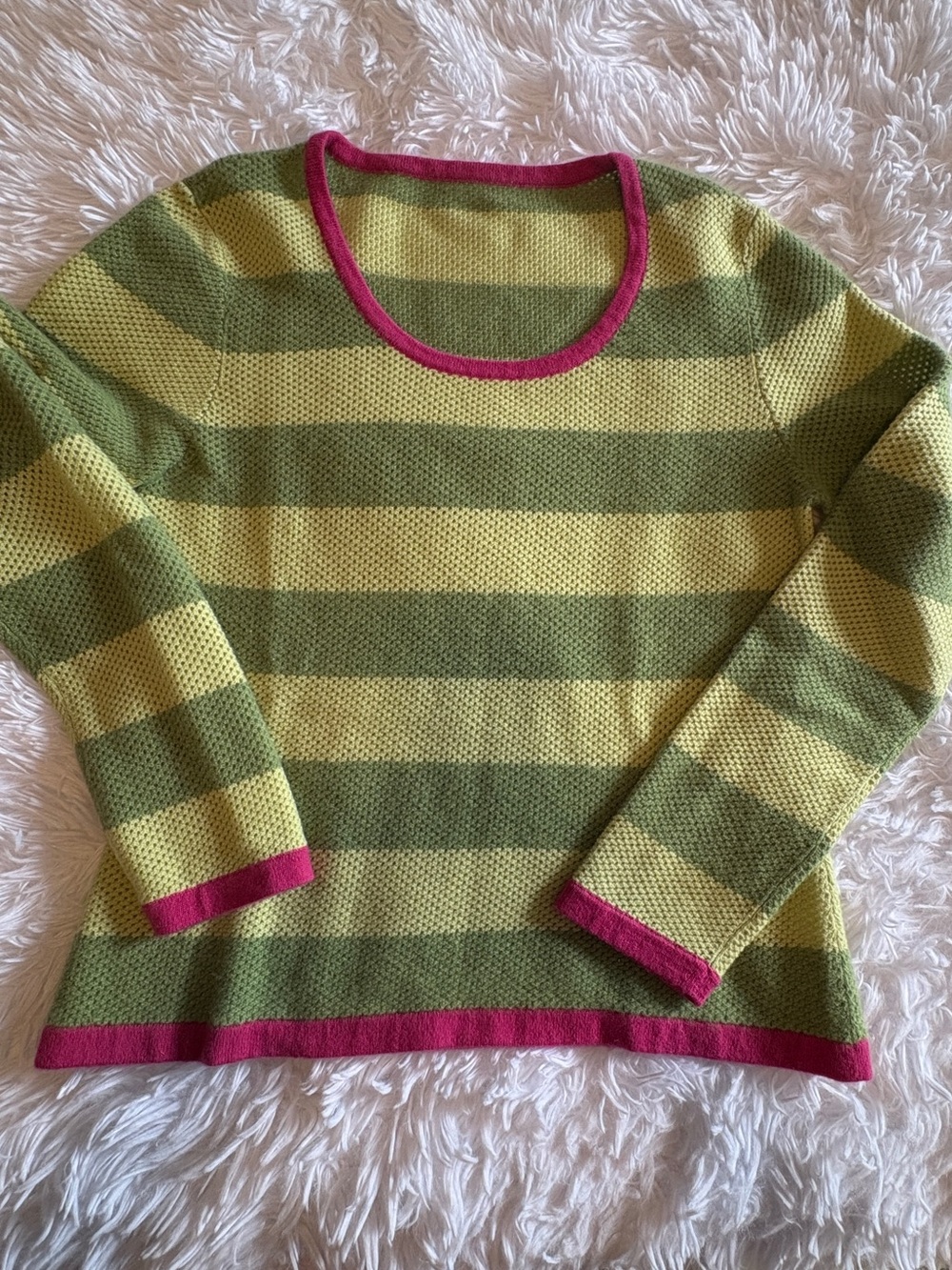 Talbots Striped Green and Yellow Women's Cashmere Sweater with Pink Trim